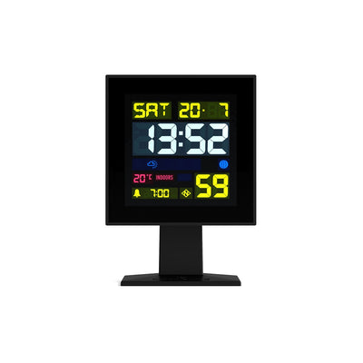 LCD Monolith alarm clock by Newgate World with a black case and black LCD screen with coloured digits - Front